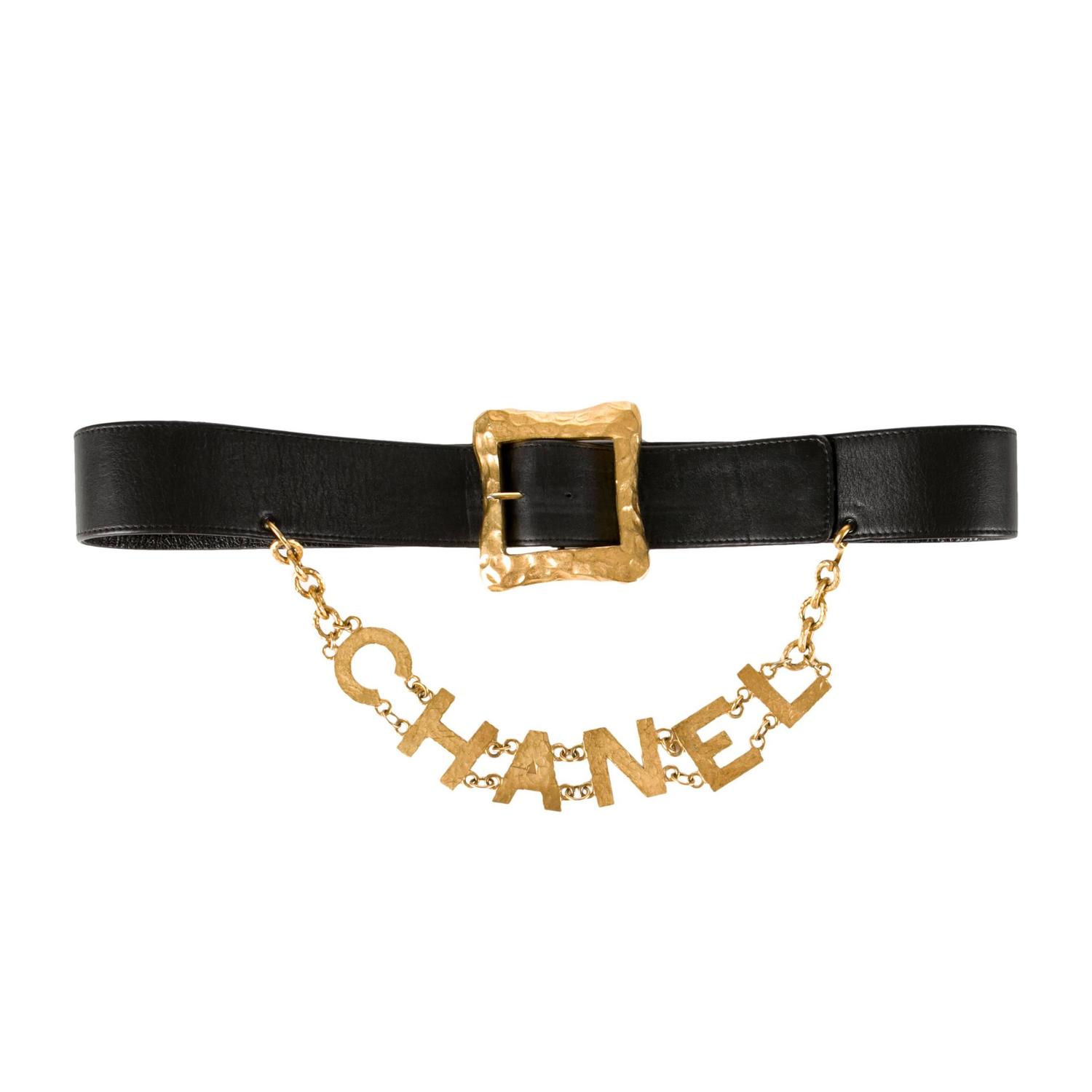 Chanel Gold Black Leather Logo Charm Chain Belt at 1stdibs