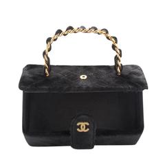 Retro Chanel Black Fur Gold Chain Link Vanity Satchel