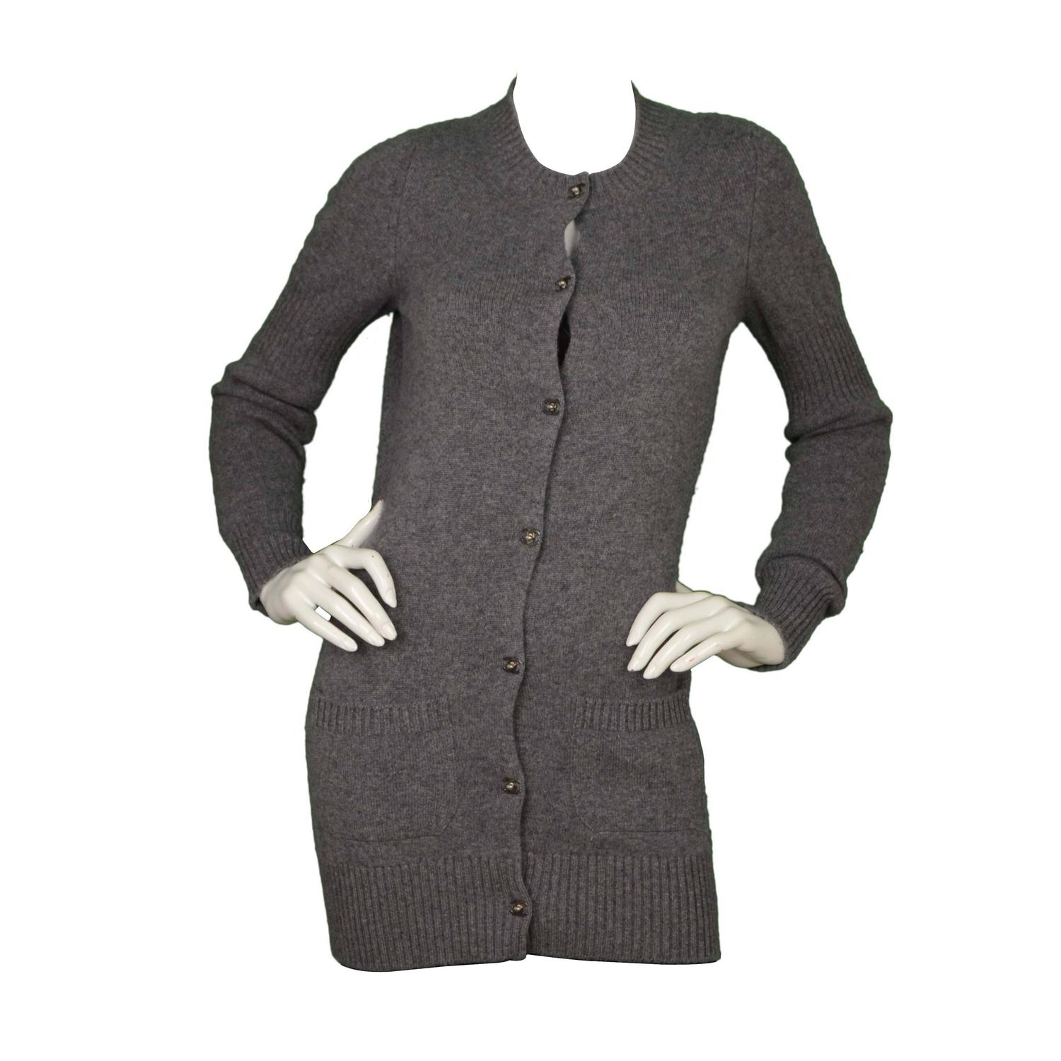 Chanel Grey Cashmere CC Button Long Cardigan Sweater sz 36 at 1stdibs