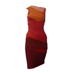 Retro Herve Leger Asymmetric Orange Ombre Bandage Dress (S)