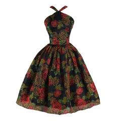 Vintage 1950s Rose Print Halter Dress