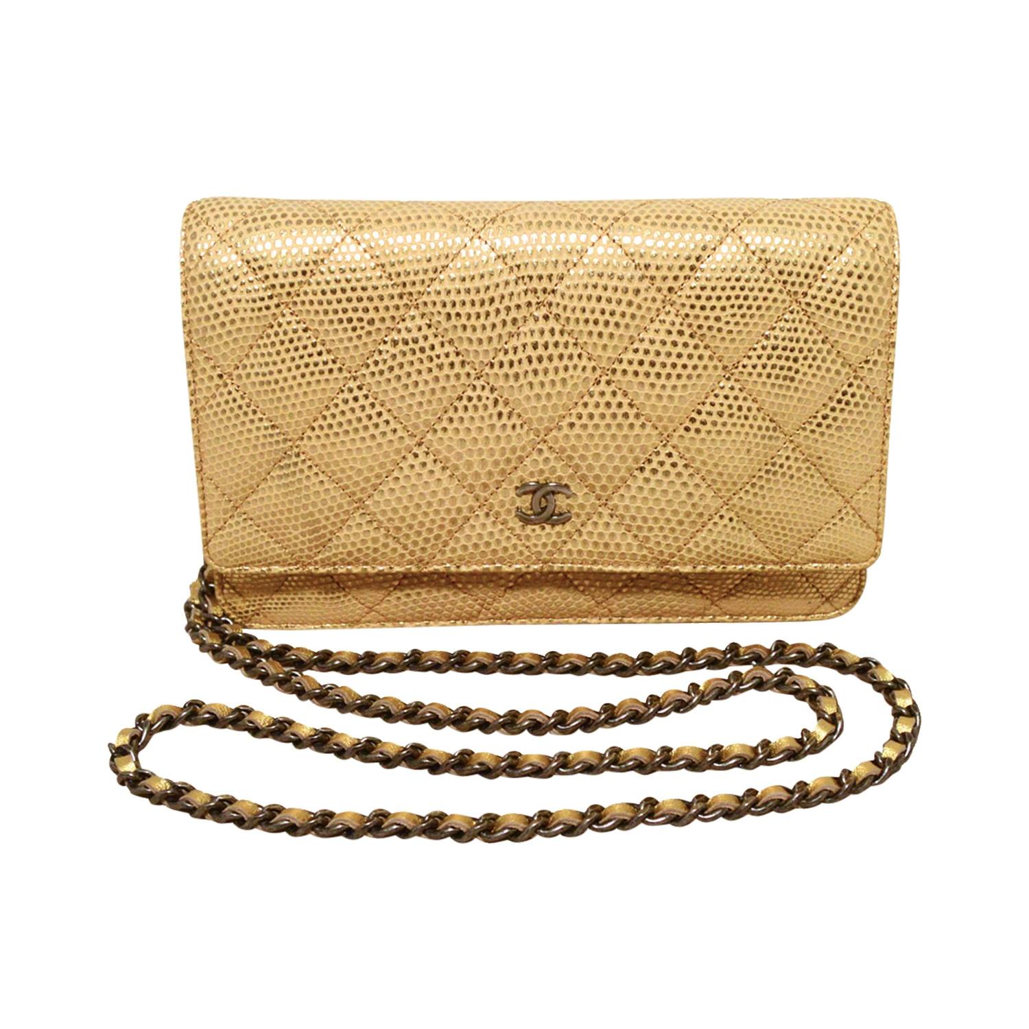 Fabulous Chanel Gold Lizard Classic Wallet on a Chain WOC Rare For Sale