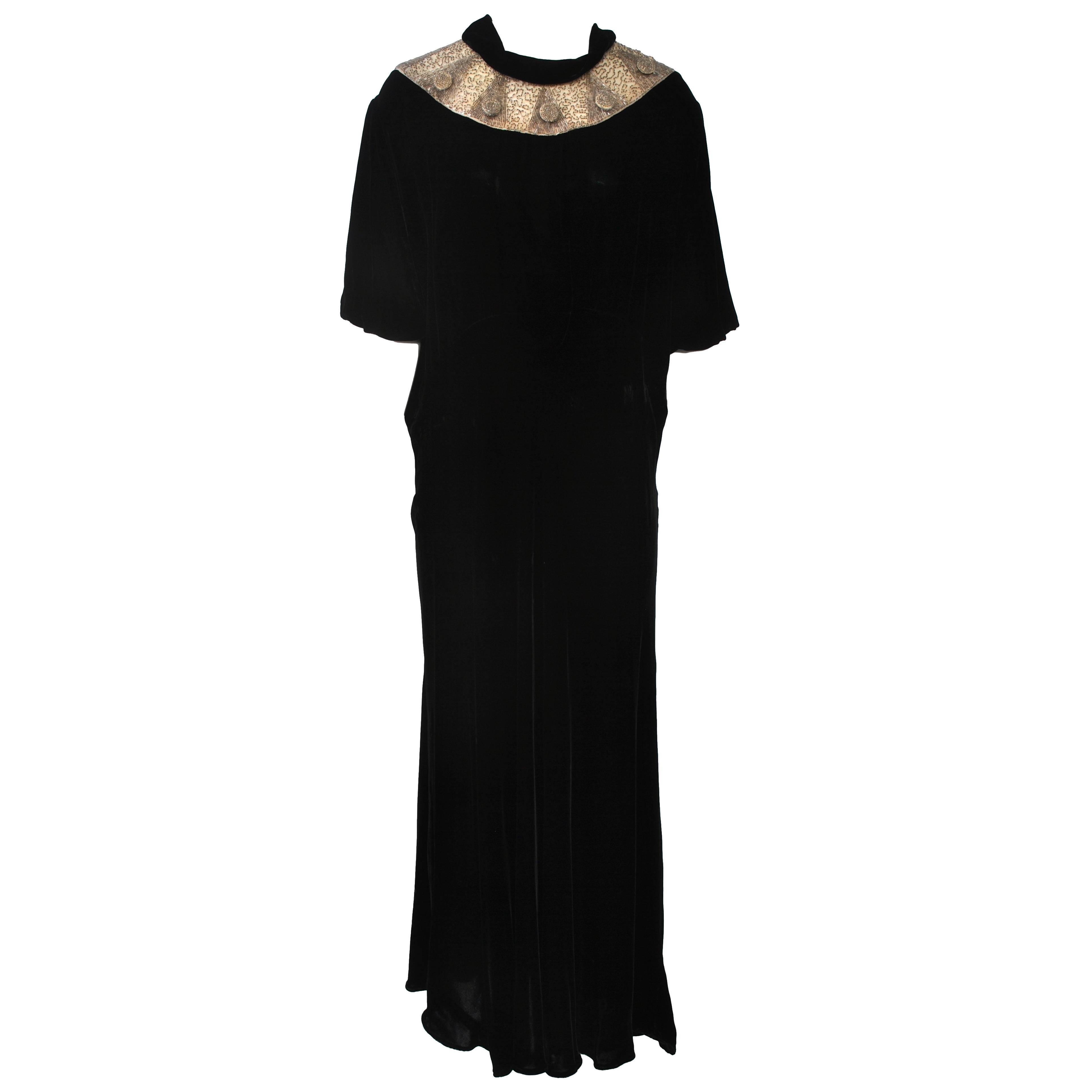 1930s Black Velvet Gown with Beaded Yoke