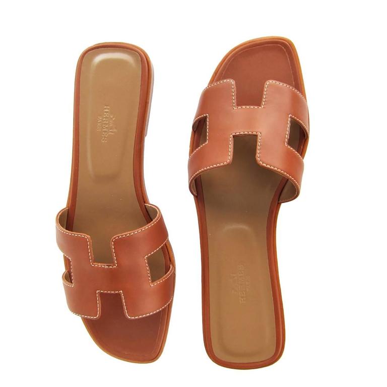 Hermes Gold Oran Box Leather Sandals Shoes Size 40 or 3.9 Iconic at ...