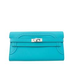 Used Hermes Limited Edition Blue Atoll Ghillies Swift Kelly Wallet Clutch Bag Rare