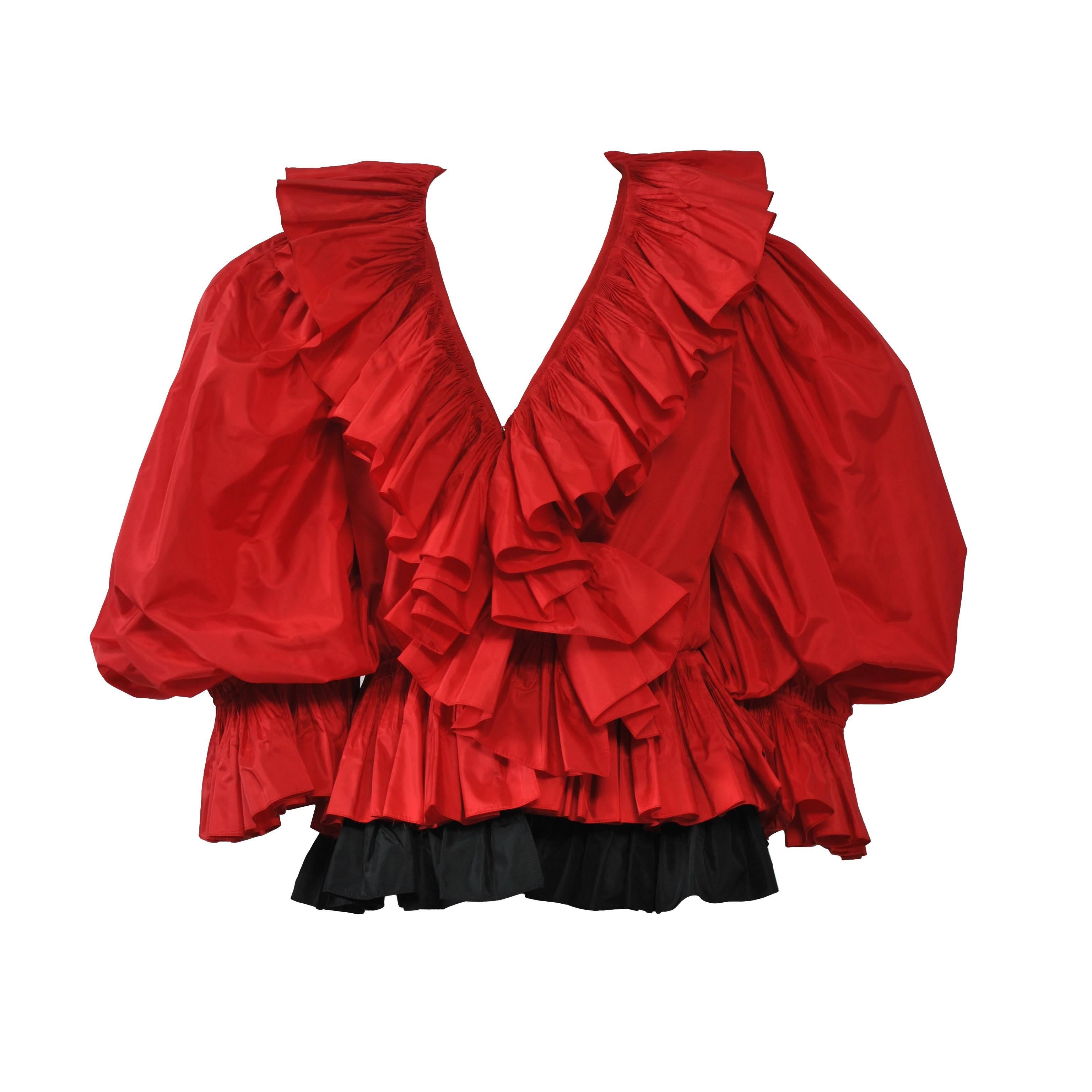 Red and Black Silk Ruffle Top