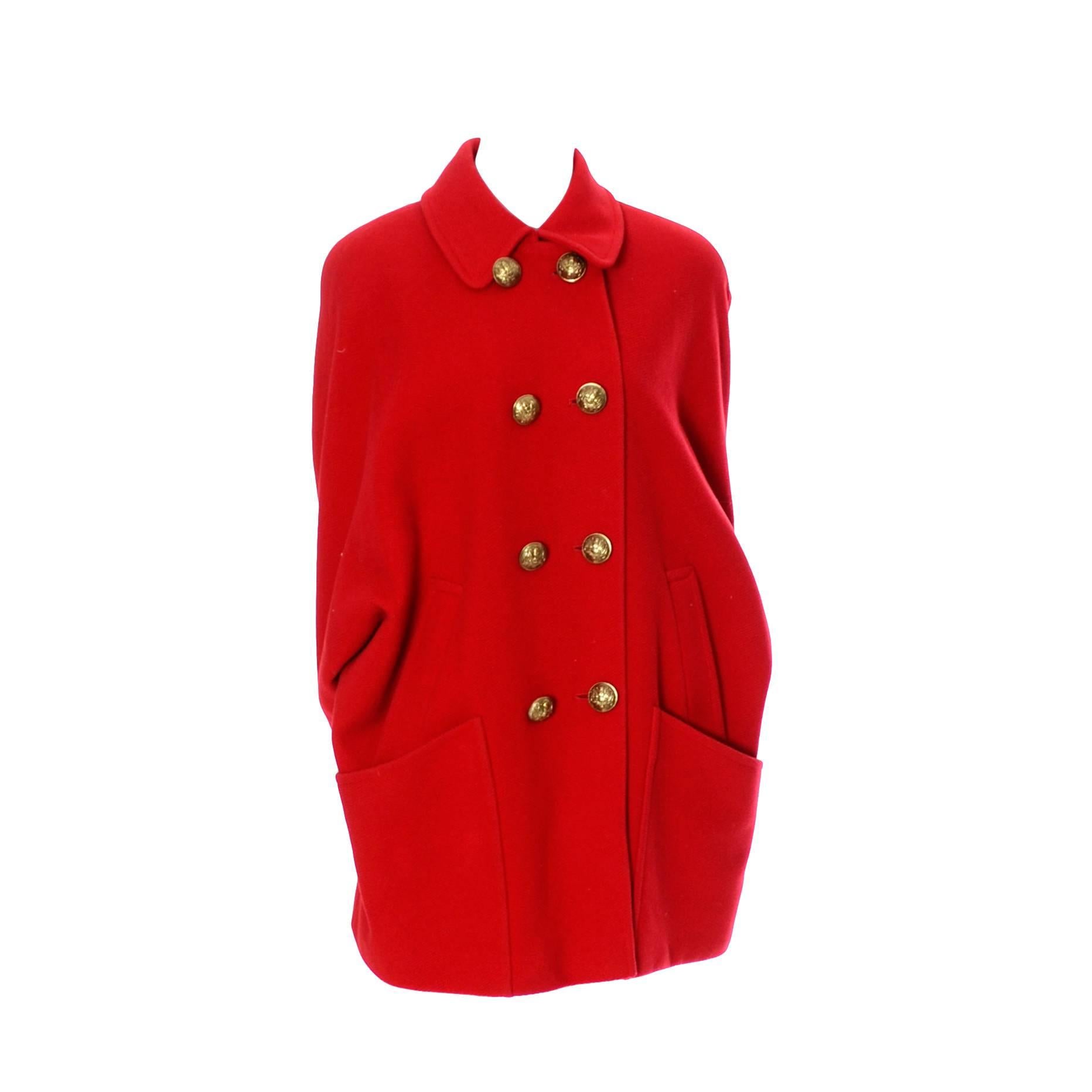 Guy Laroche Boutique 1980s Vintage Coat in Cherry Red Wool W Dolman Sleeves