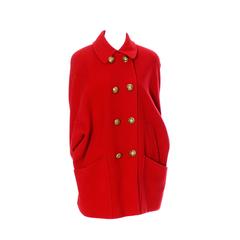 Guy Laroche Boutique 1980s Vintage Coat Red Wool Brass Buttons Dolman Sleeves 8