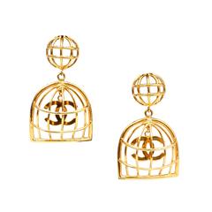 Chanel Vintage Chanel Gold-tone Bird Cage & CC Logo Earrings
