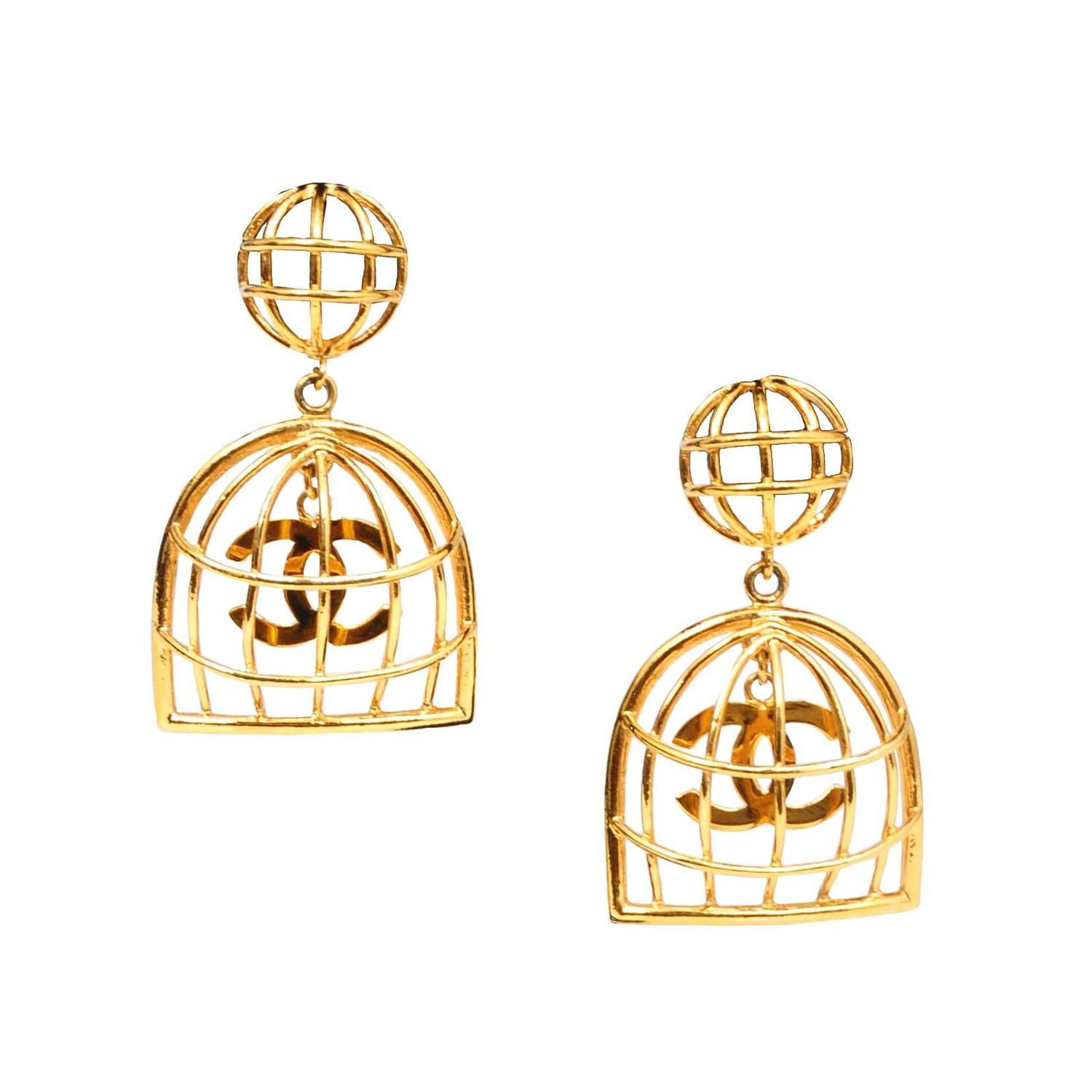 Chanel Gold Birdcage Earrings For Sale at 1stdibs