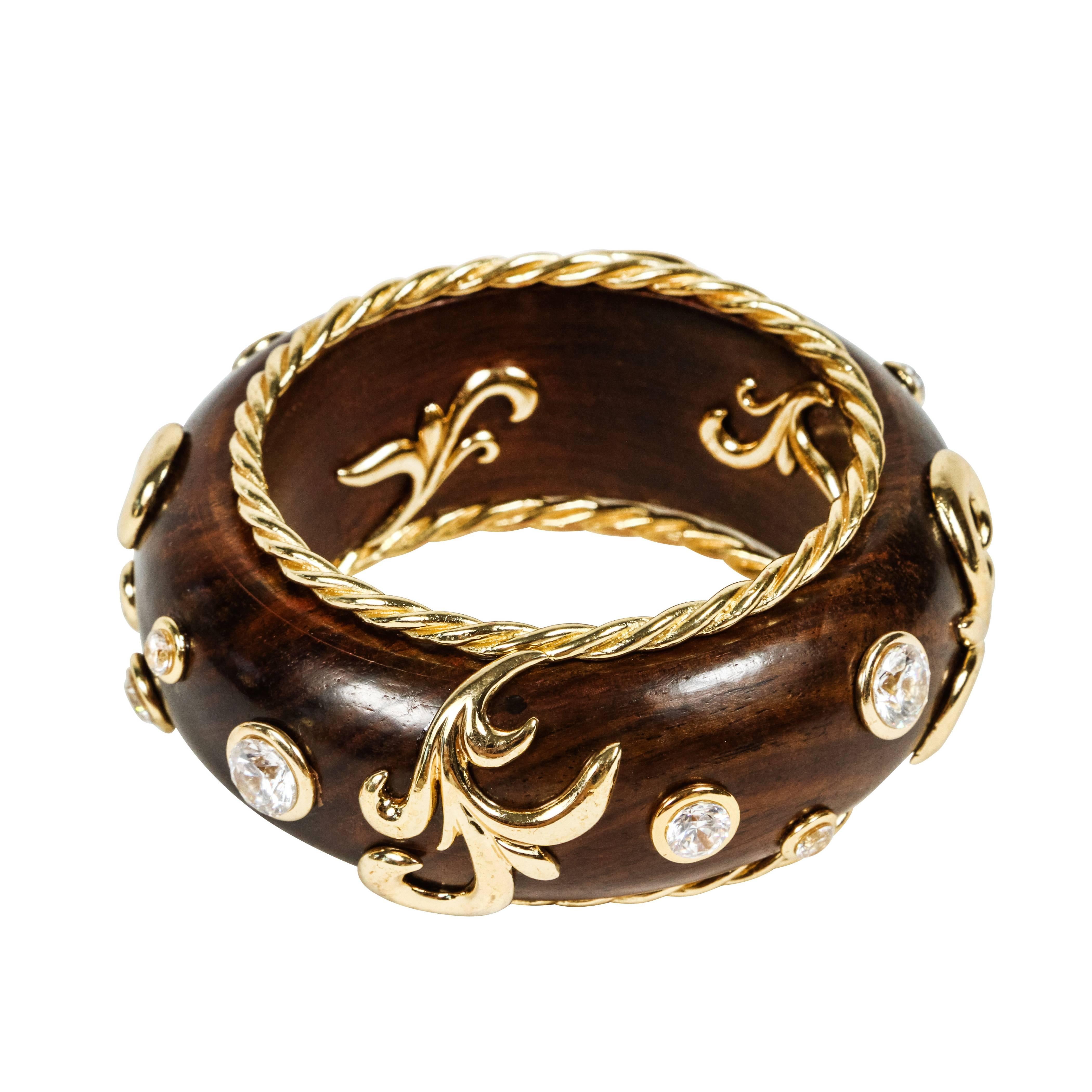 Beautiful Gilt Metal Rhinestone and Wood Bangle by Dominique Aurientis