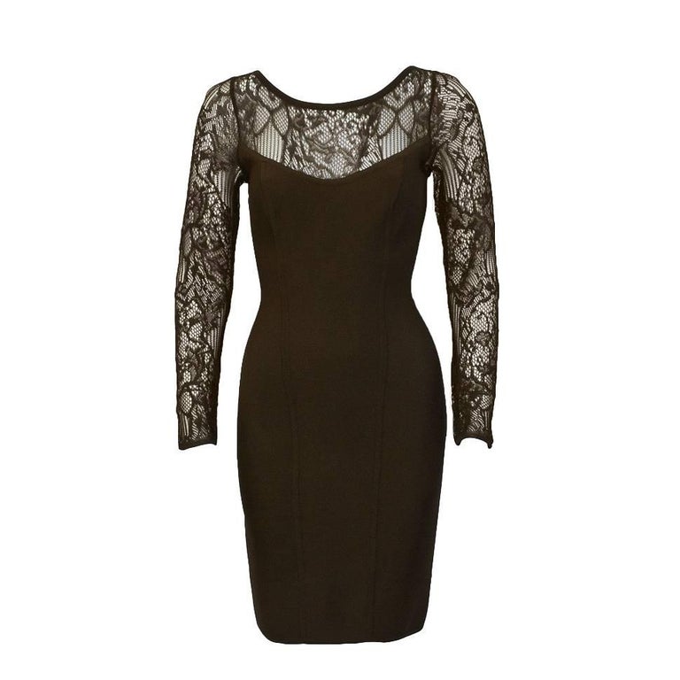 1980's Herve Leger Chocolate Brown Long Sleeve Lace Cocktail For Sale ...