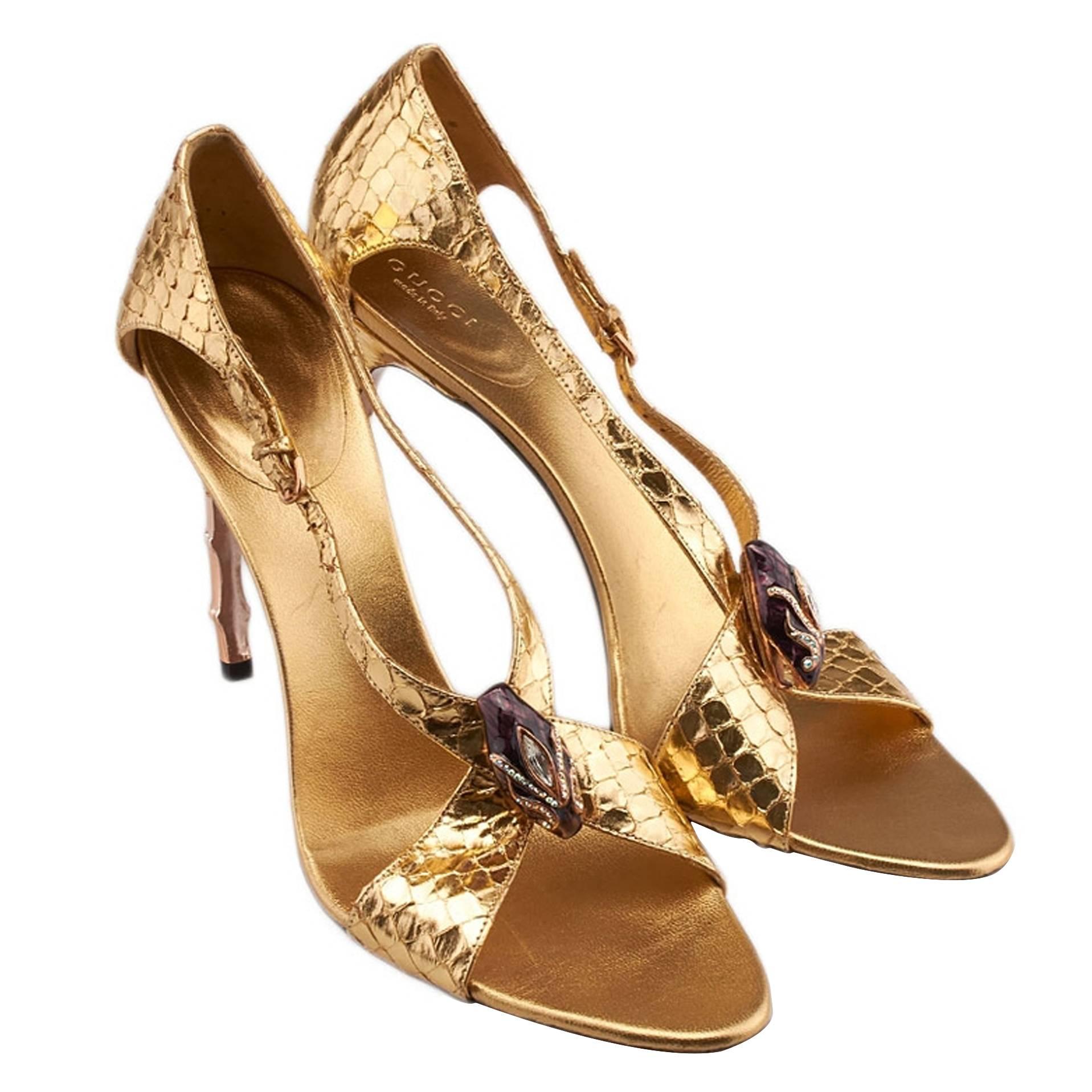 Tom Ford for Gucci Gold Python Jeweled Bamboo Heel Shoes 
