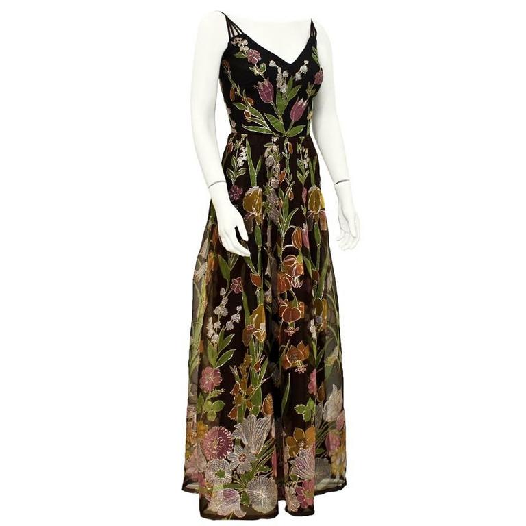 1970's Maggie Reeves Brown Floral Embroidered Gown at 1stDibs
