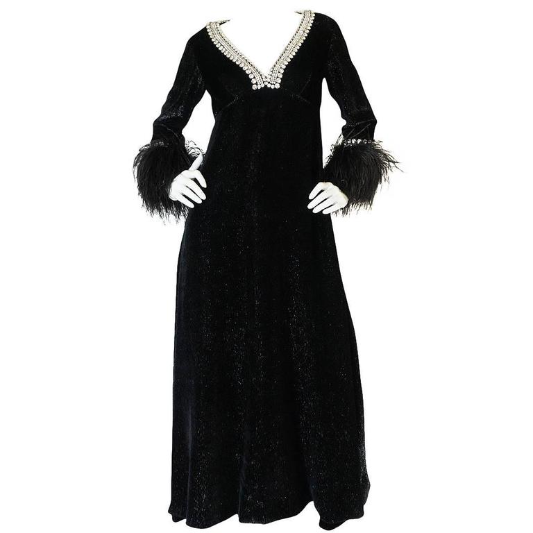 1960s Lame Velvet, Feather and Heavy Rhinestone Dress at 1stDibs