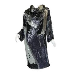 1970s Silver and Pewter Sequin Halston Tunic Dress