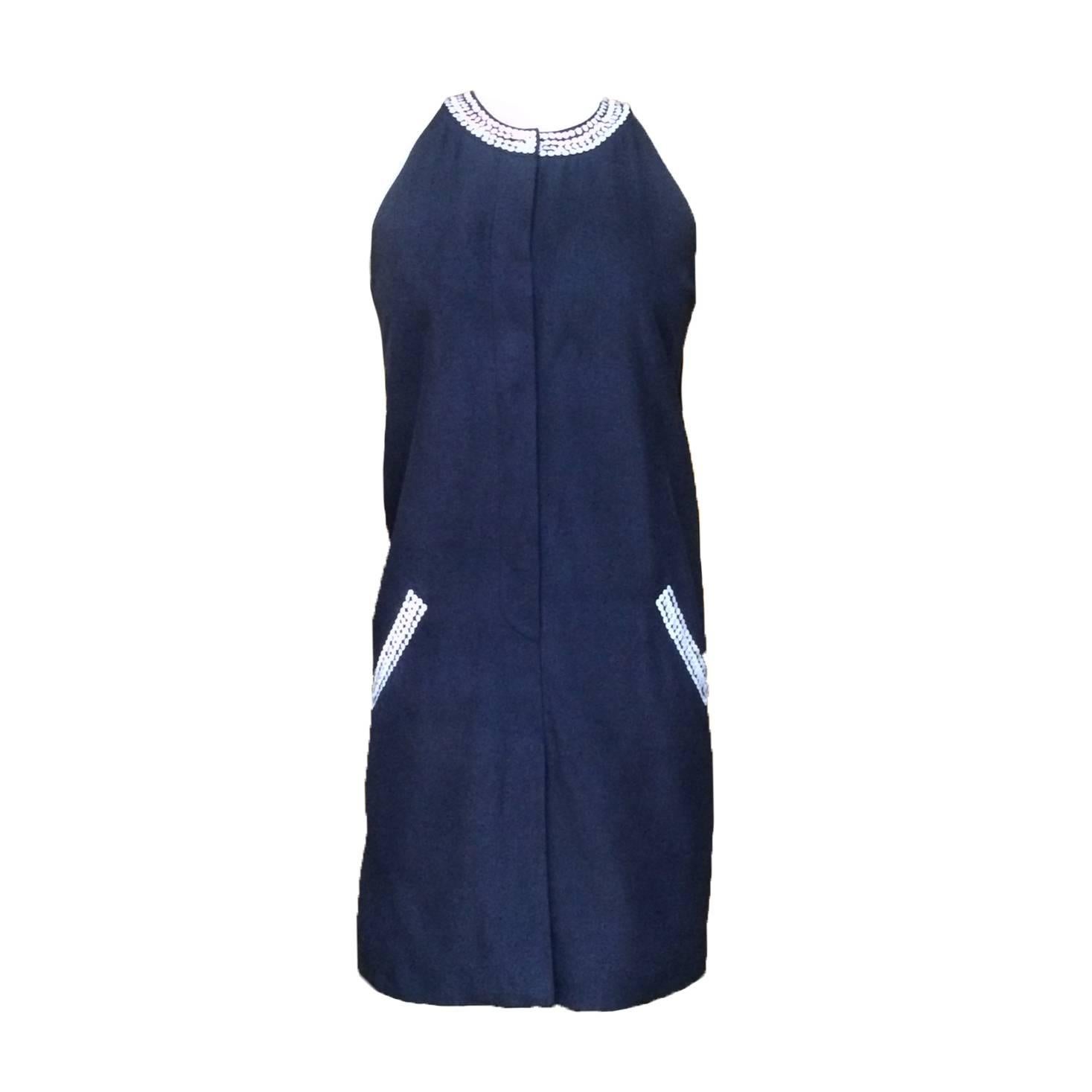 Stephen Sprouse 1980's Navy Shift Dress with White Sequin Accents