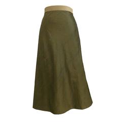 Chloe Green Silk A-Line Midi Skirt with Gold Zip Detail.