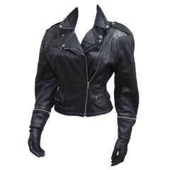 Vintage Josyln Clarke leather motorcycle jacket with attached gloves, c. 1980s
