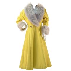 Custom Canary Yellow Boucle Wool Coat with Grey Fox Fur Collar and Cuffs