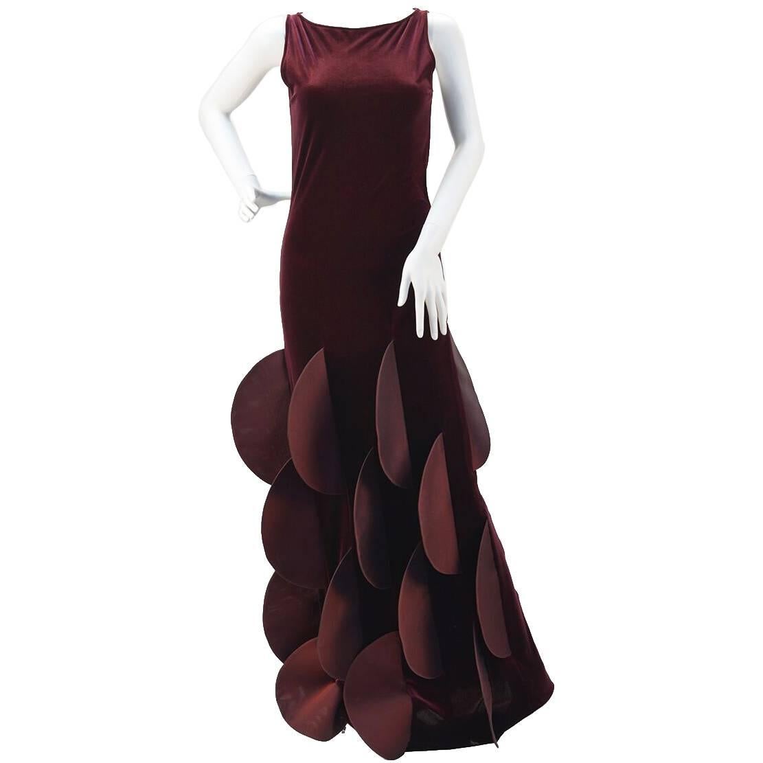 1990s Pierre Cardin Evolution Burgundy Stretch Velvet Evening Gown