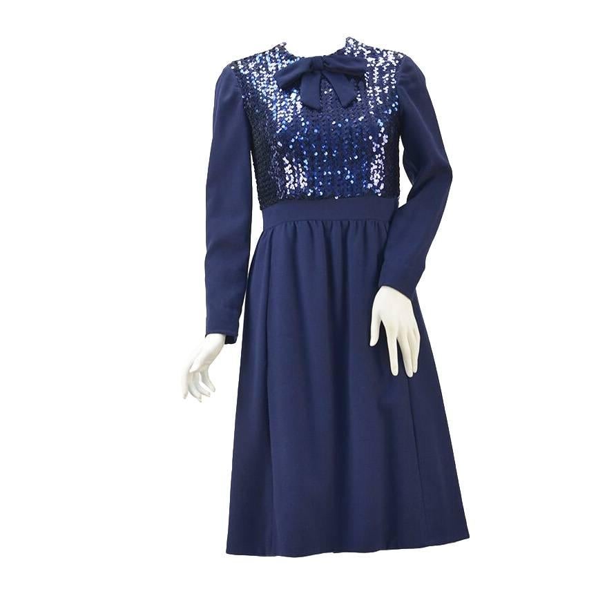 1960s Navy Wool Sequined Cocktail Dress For Sale