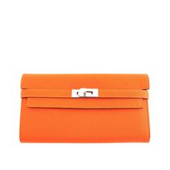 Hermes Feu Orange Kelly Wallet Chevre Palladium PHW Clutch Bag Iconic