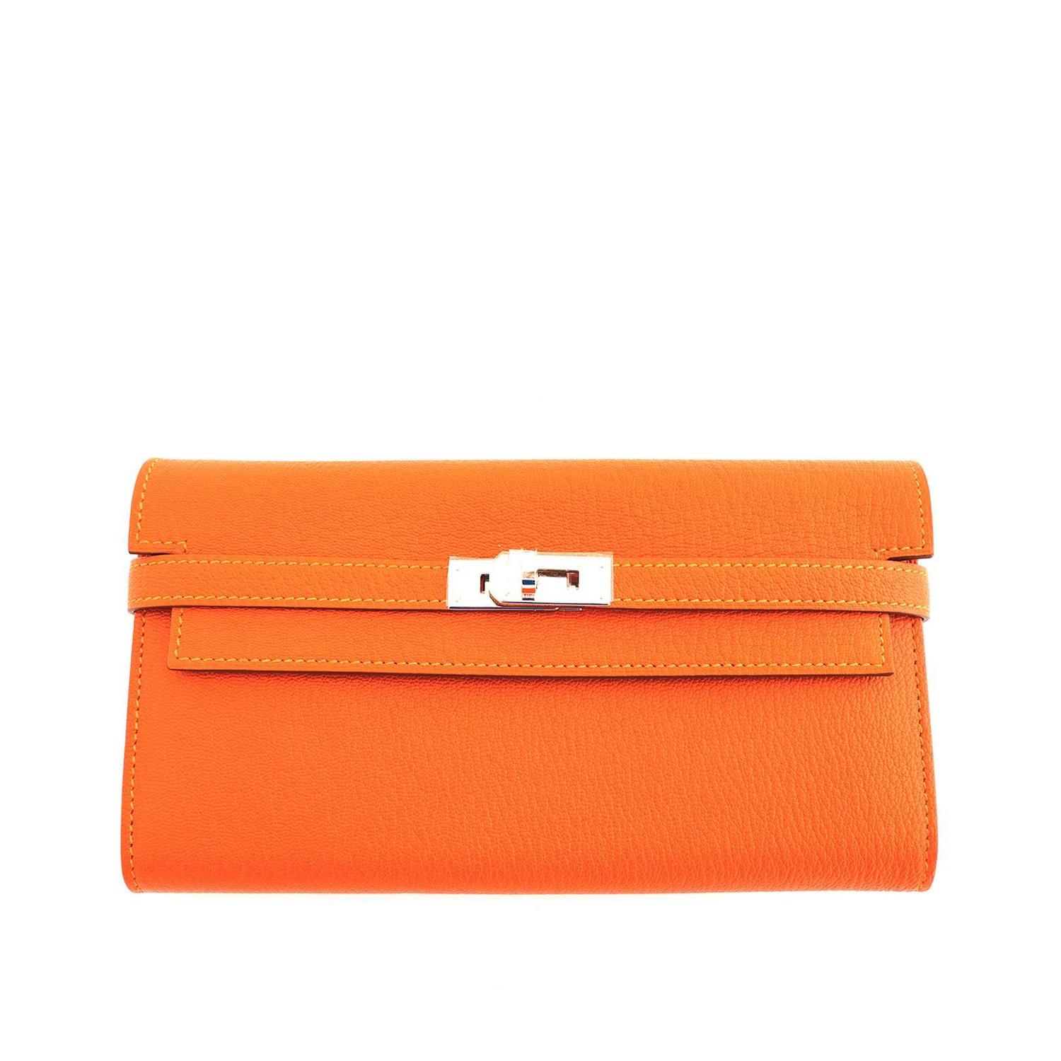 Hermes Feu Orange Kelly Wallet Chevre Palladium PHW Clutch Bag ...  