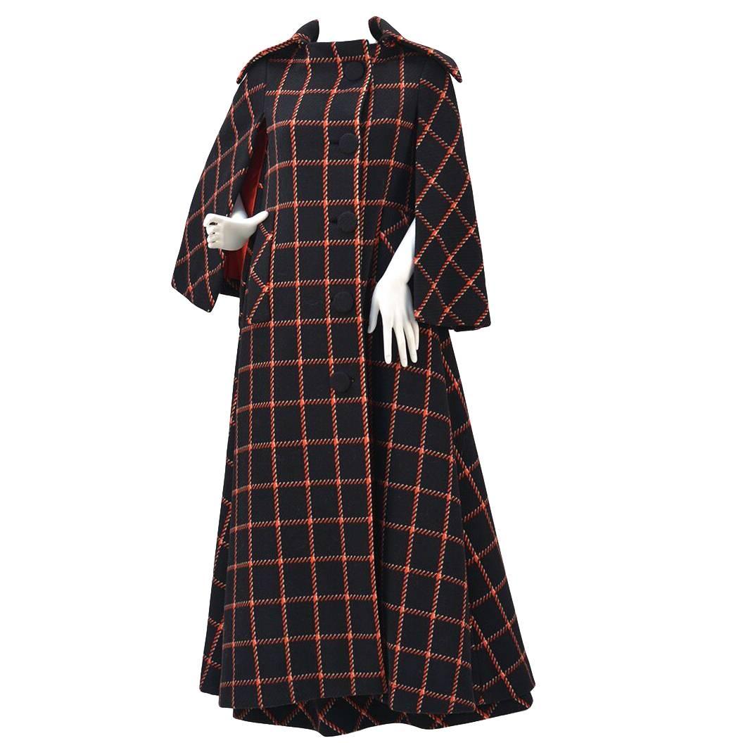 1970s Pauline Trigere Black and Red Plaid Wool Cape and Skirt  For Sale