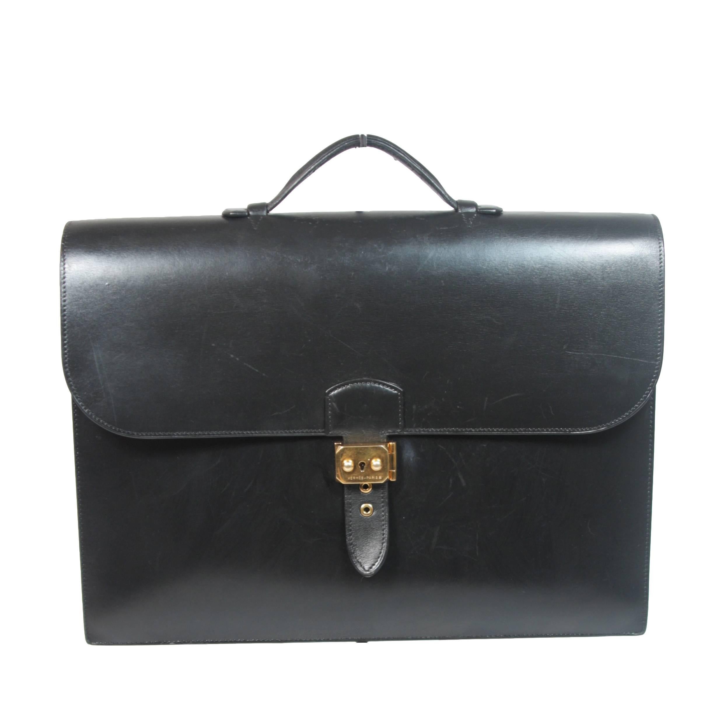 HERMES 'Sac A Depeche' Black Box Leather Briefcase 'A0U' 1997 Large 