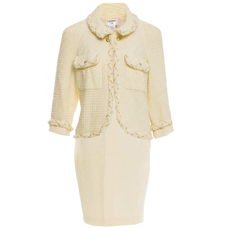 Chanel '07 Runway Cream Wool Skirt Suit sz FR46 For Sale at 1stDibs