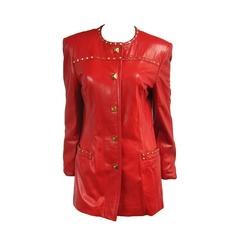 Red Leather 1990s Escada Gold Studded Blazer Jacket 1