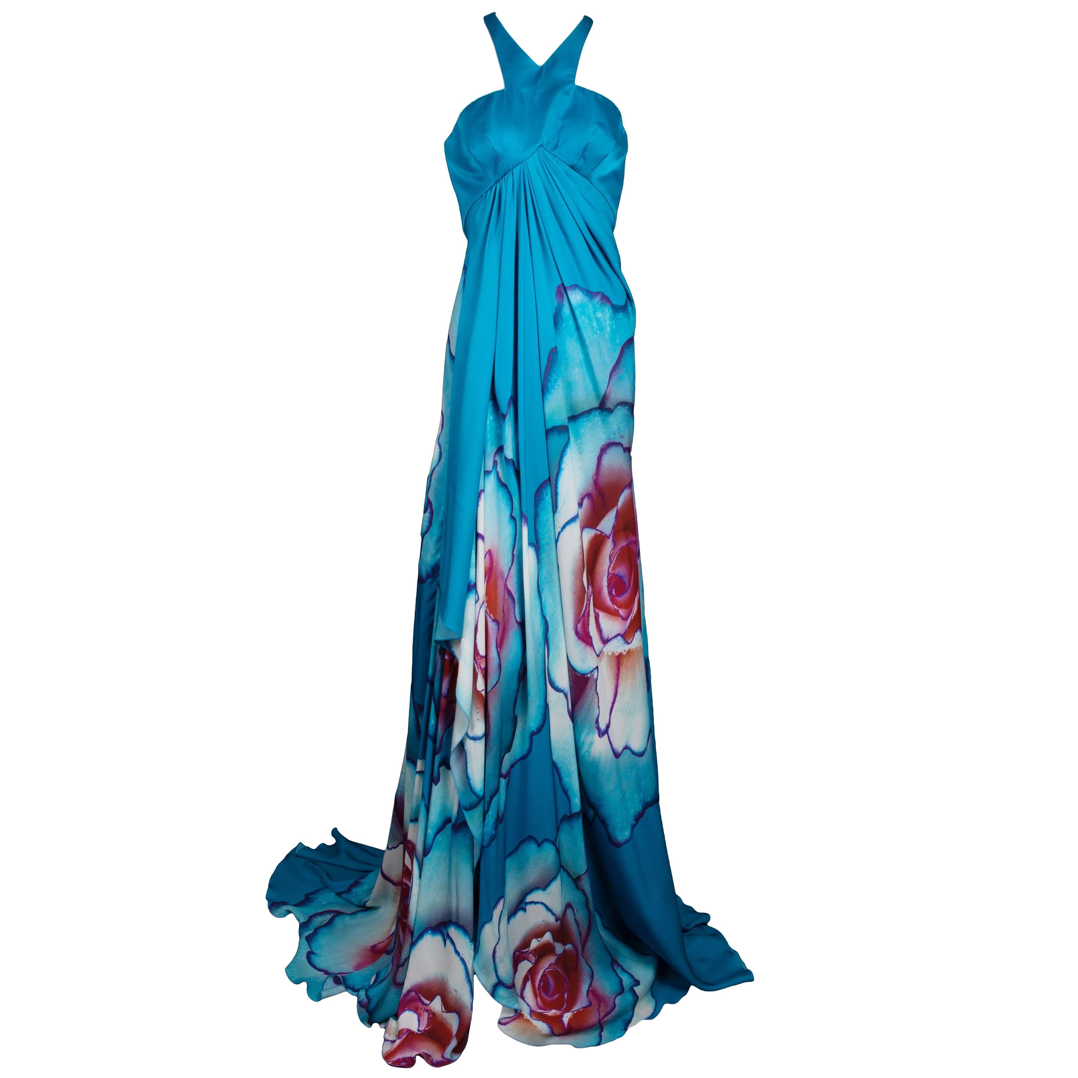 Teal Floral Silk Roberto Cavalli Evening Gown For Sale