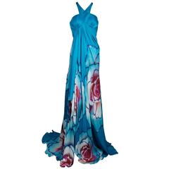 Teal Floral Silk Roberto Cavalli Evening Gown