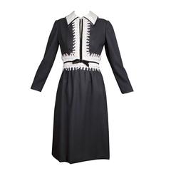 1960s Black Wool & Satin Crepe Oscar de la Renta Dress
