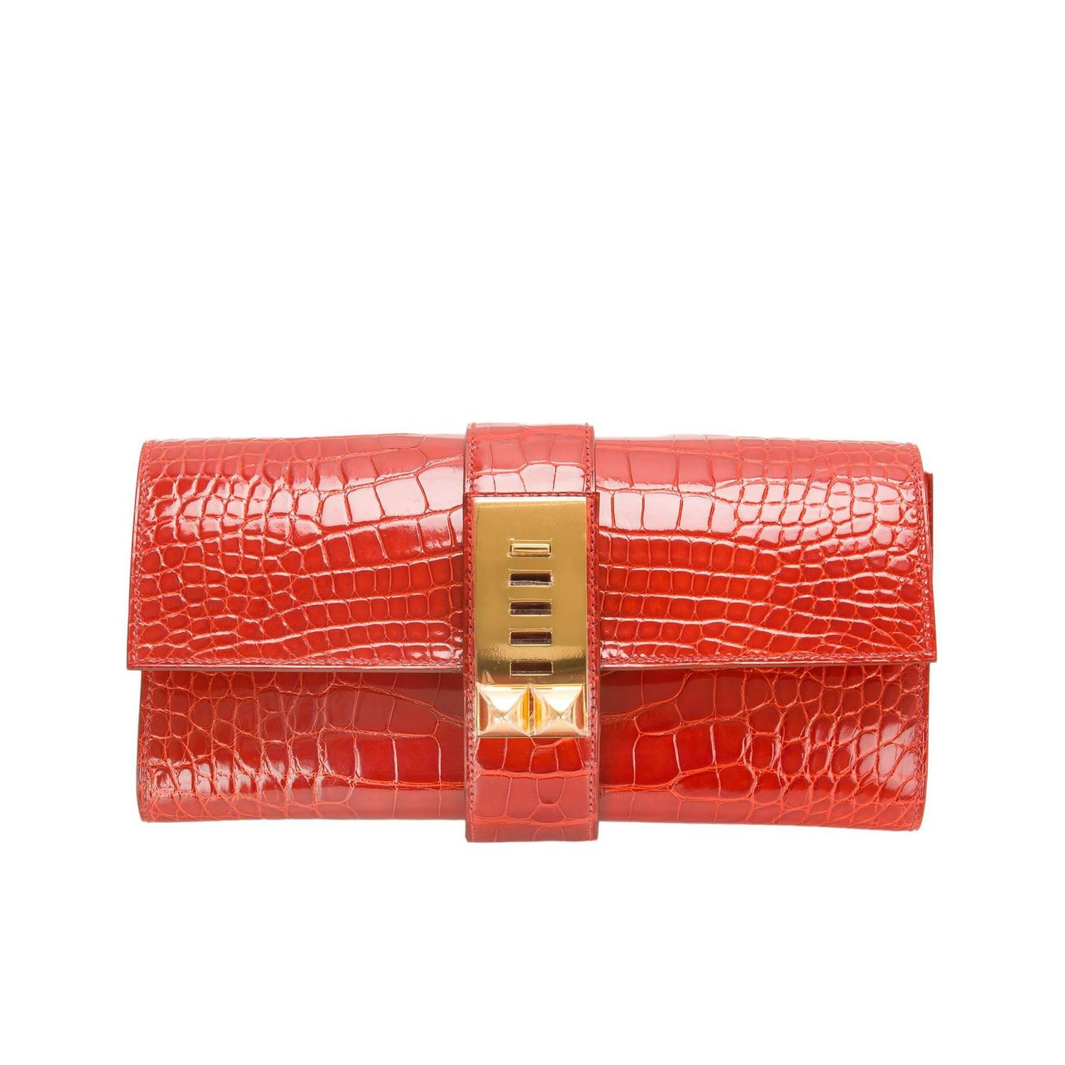 Hermes Shiny Sanguine Alligator Medor Clutch 23cm For Sale at 1stdibs  