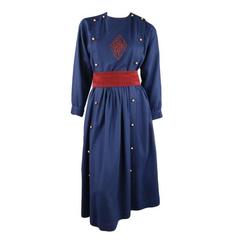 Vintage CHLOE Size M Navy Embroidered Gold Button Military Dress