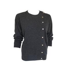 Chanel Grey 100% Cashmere Long Sleeved Sweater Cardigan Top w/Crystal Buttons