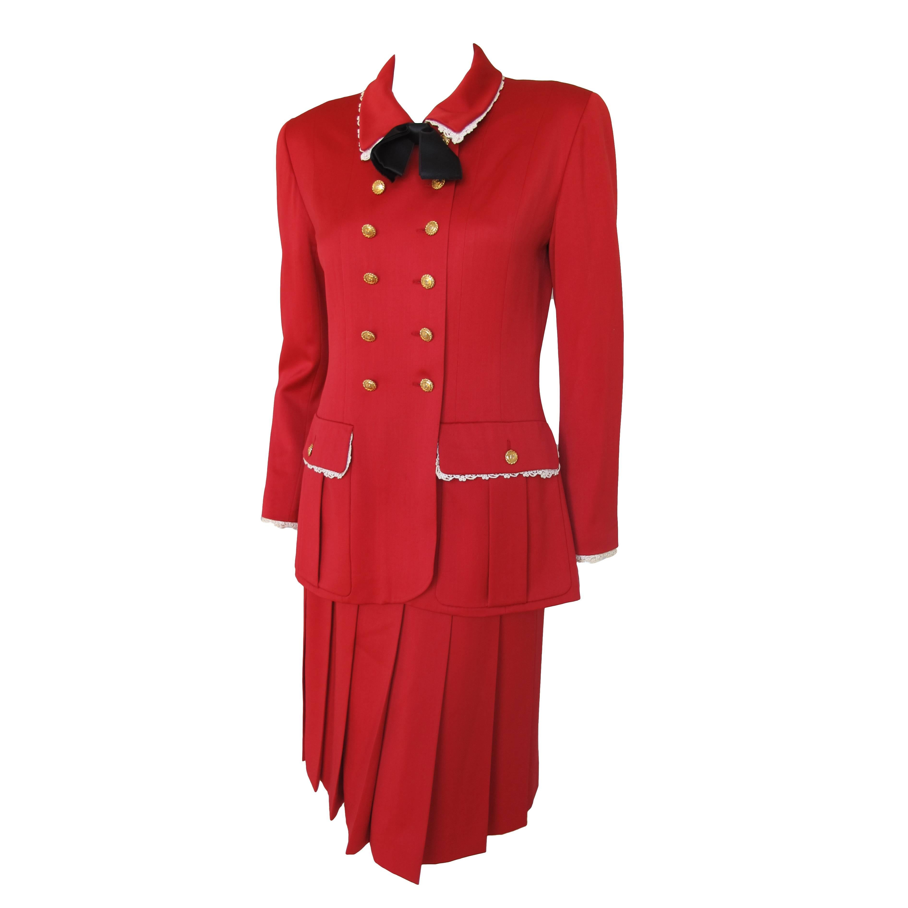 Chanel Red Jacket & Skirt Suit Ensemble w/Lace Trim, CC Logo Buttons & Silk Bow