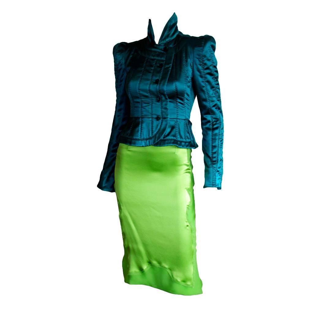 That Heavenly Tom Ford YSL Rive Gauche FW 2004 Green Chinoiserie Jacket & Skirt For Sale