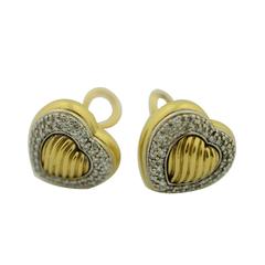 David Yurman 18K Yellow Gold Pave Diamond Cable "Heart " Earrings .