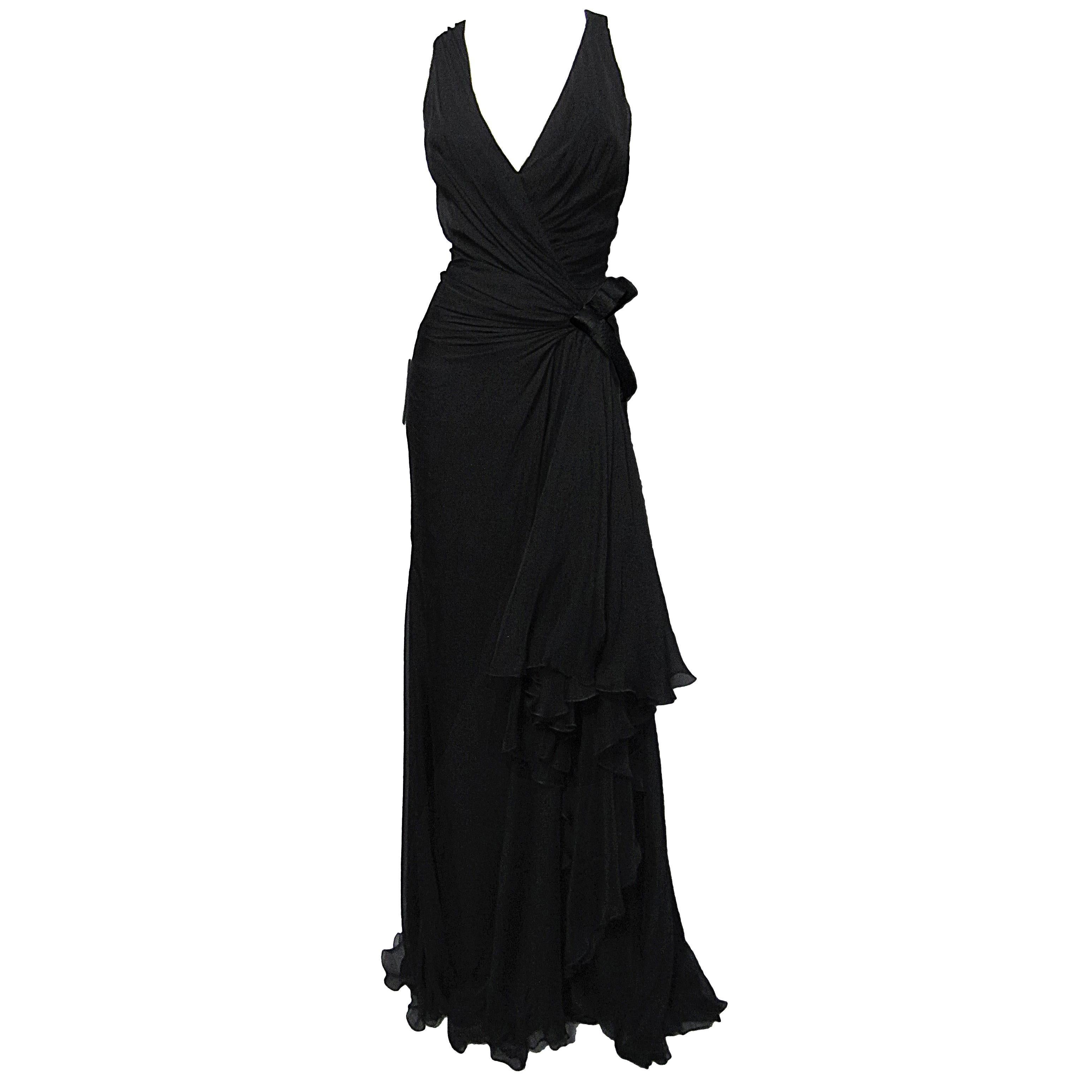 VERSACE Black Chiffon Gown with Asymmetrical Bow and Strap Detail For Sale