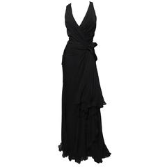 VERSACE Black Chiffon Gown with Asymmetrical Bow and Strap Detail