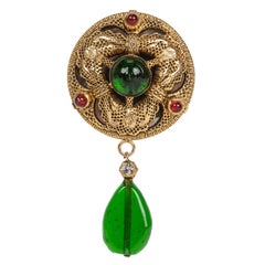 1984 Chanel Gripoix Gold Tone Textured Mirrored Brooch Pin Pendant