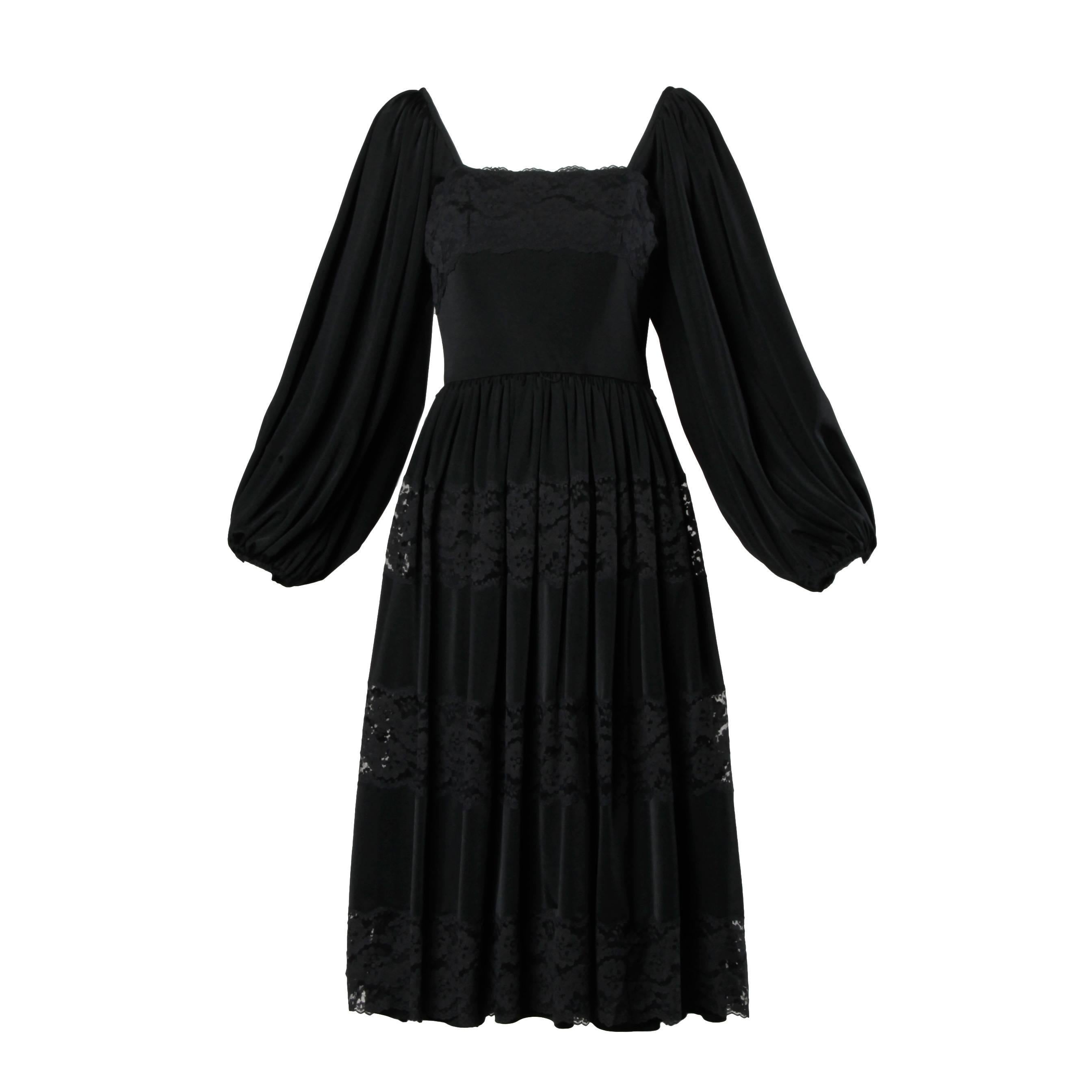 Donald Brooks 1970s Vintage Black Lace Dress with Balloon Sleeves