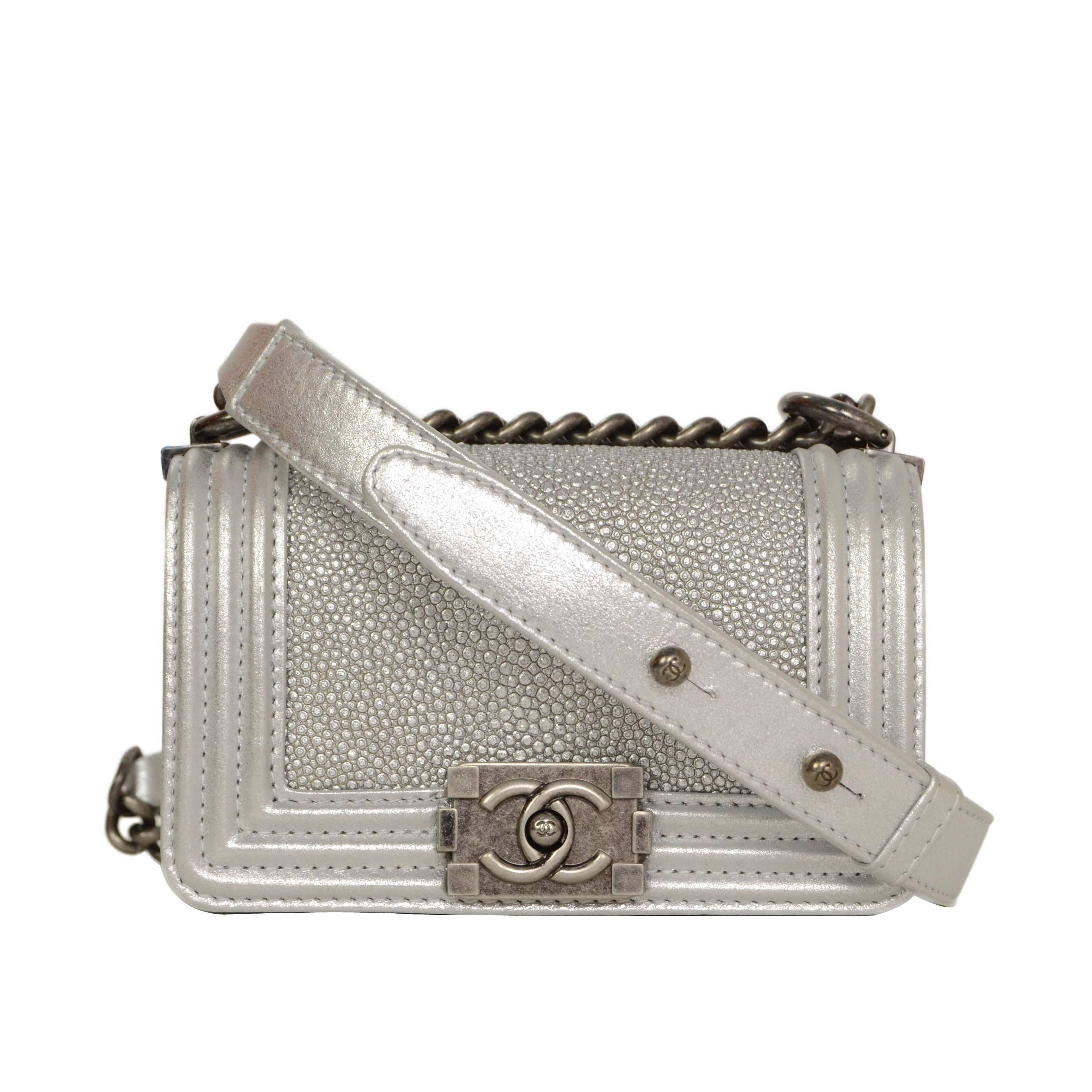 Chanel Silver Stingray Extra Small Mini Boy Bag SHW