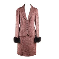 MOSCHINO Italian Red Tweed SUIT Blazer & Pencil Skirt w/ FUR Cuffs 44 IT 7