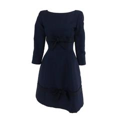 Vintage Oscar de la Renta classic navy blue silk bow front dress late 1960s