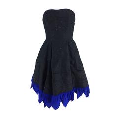 Fabrice black silk taffeta blue zigzag hem strapless cocktail dress 1980s