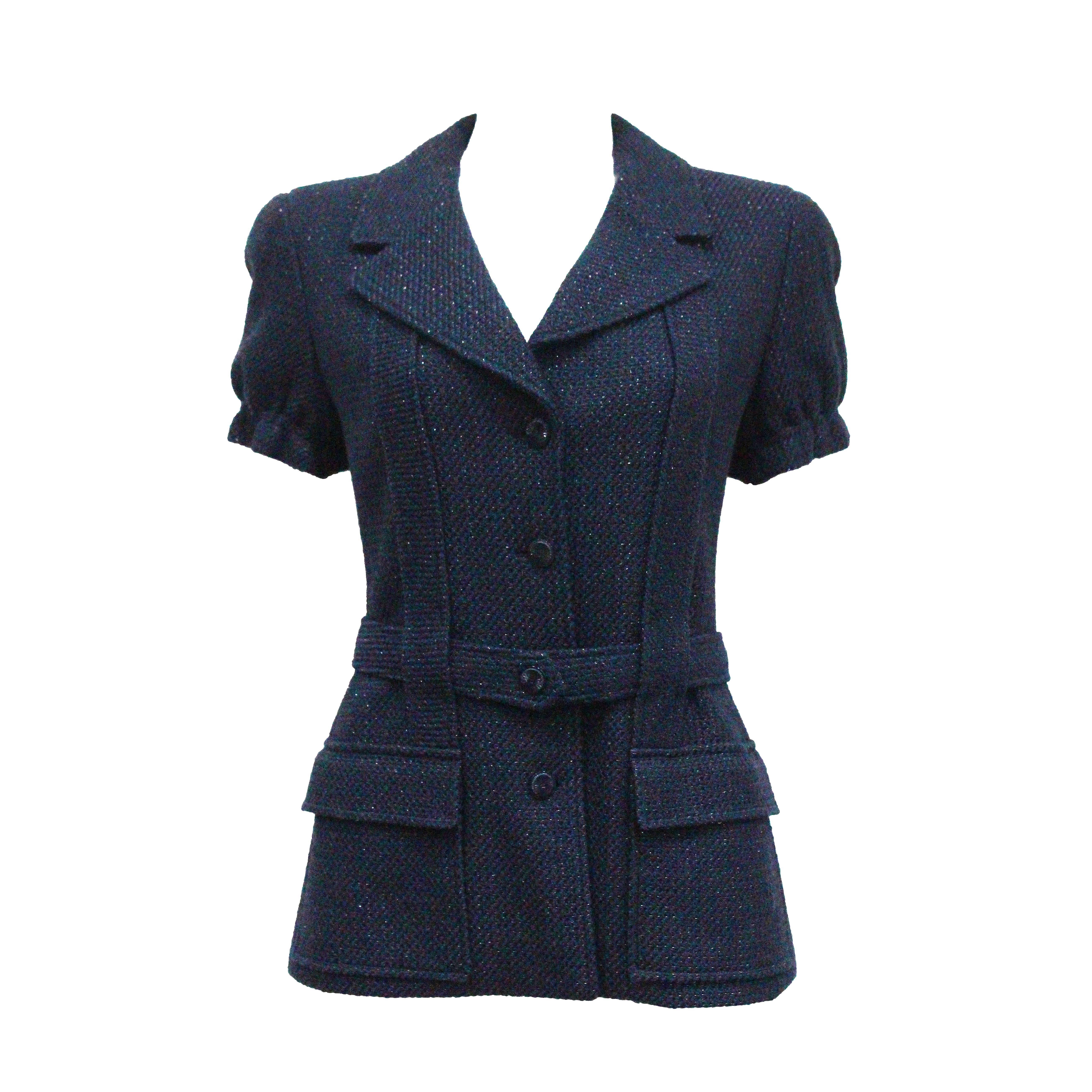 Chanel marine blue tweed short sleeved belted jacket, c. 2001
